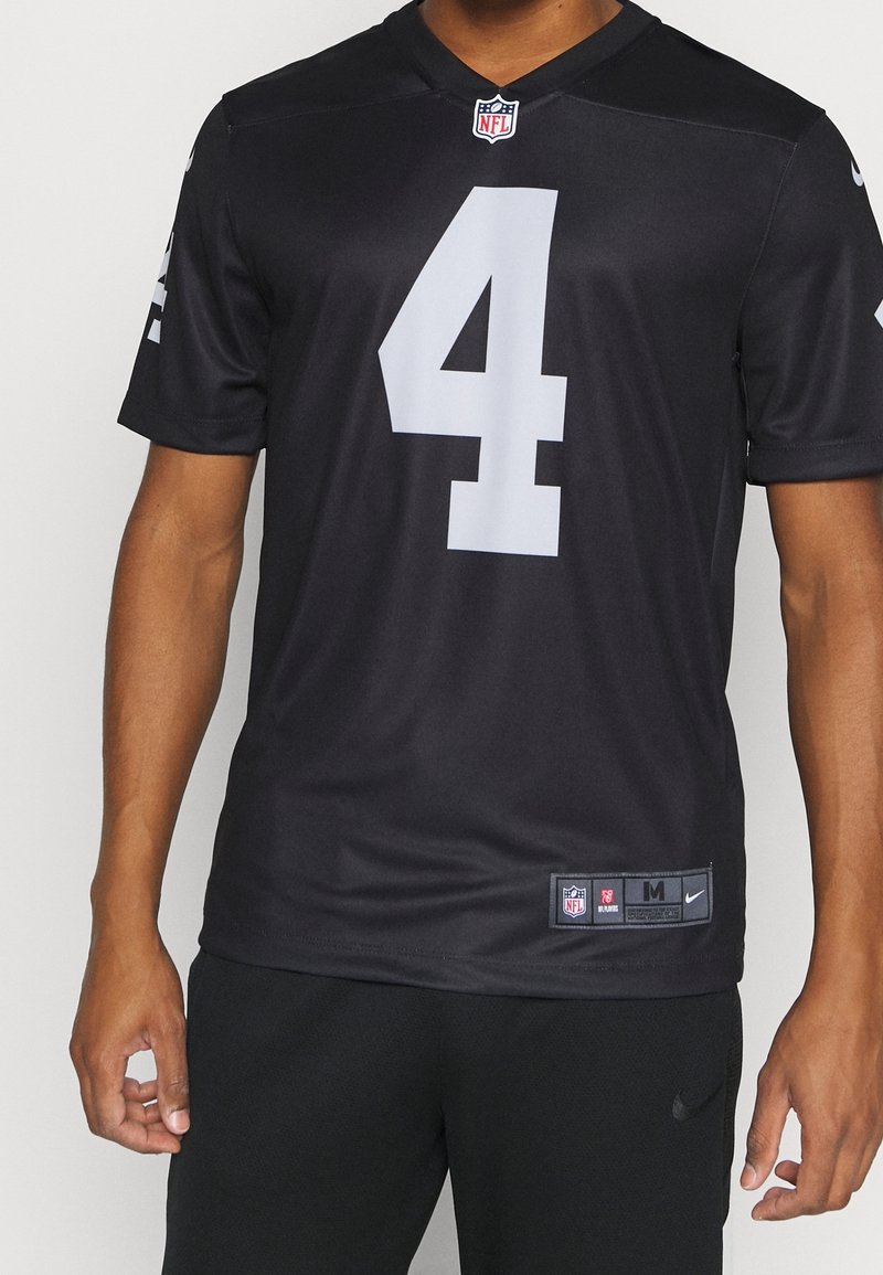 Jersey negro de la NFL hecho de tela suave, con un gran número blanco "4" en la parte delantera, mangas cortas y un cuello en V.