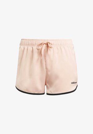 Lyserøde atletikshorts lavet af glat stof med snøre i taljen og sort kant langs kanten. Adidas-logo på siden.