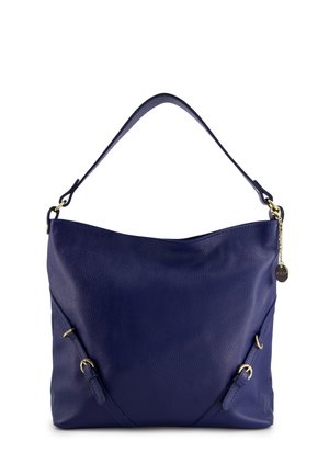 Marineblaue Leder-Schultertasche mit einer weichen, genarbten Textur, geschwungenem Design, goldenen Hardware-Akzenten und verstellbaren Seitenträgern.