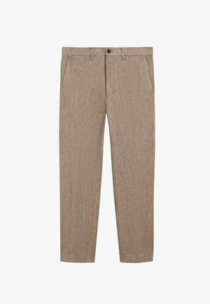 Herenrechte beige broek met steekzakken, riemlussen en een knoopsluiting aan de voorkant.