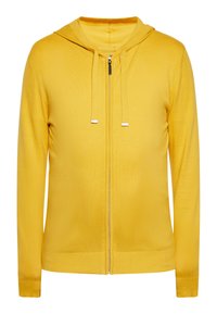 Felpa gialla con zip realizzata in morbido tessuto a maglia. Presenta un cappuccio, coulisse regolabile e polsini a costine sulle maniche e sull'orlo.
