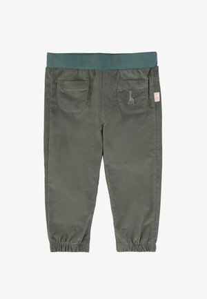 Green corduroy pants with elastic waistband, featuring two back pockets and a subtle giraffe logo embroidered above the right pocket.
