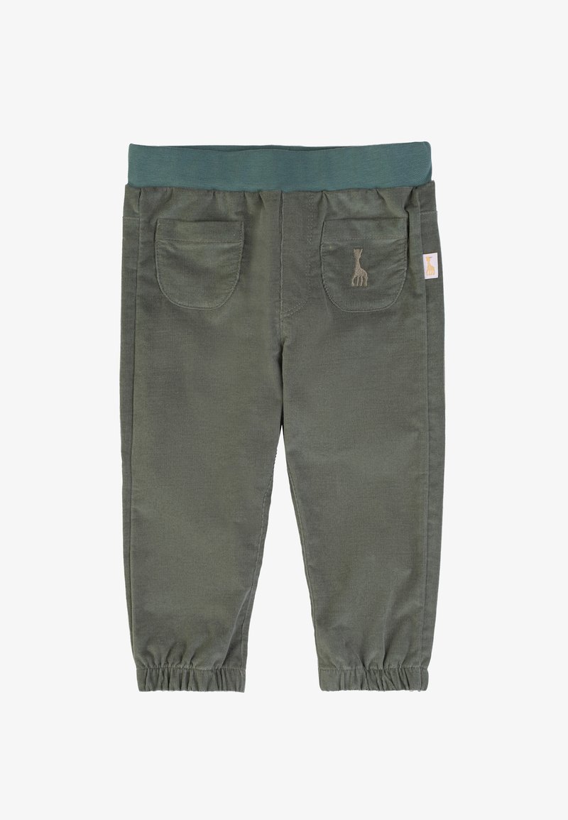 Green corduroy pants with elastic waistband, featuring two back pockets and a subtle giraffe logo embroidered above the right pocket.