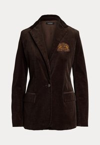 Brązowa marynarka ze sztruksu o dopasowanym kroju, z pojedynczym zapięciem na guzik, dwoma kieszeniami z przodu oraz haftowanym wzorem na piersi.