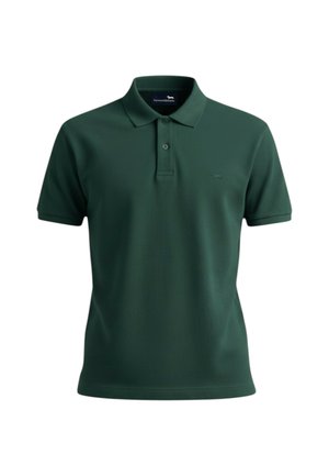 Polo a maniche corte verde scuro con apertura a due bottoni e piccolo logo ricamato sul petto a sinistra.