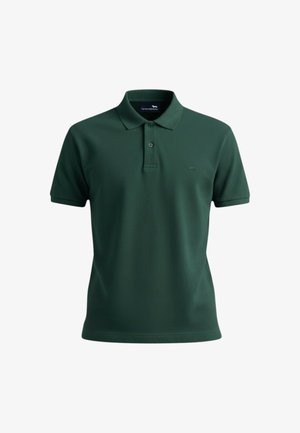 Polo a maniche corte verde scuro con apertura a due bottoni e piccolo logo ricamato sul petto a sinistra.