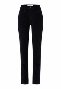 Marineblauwe corduroy broek met een slim fit, voorzien van een knoopsluiting, voorzakken en een gladde textuur.