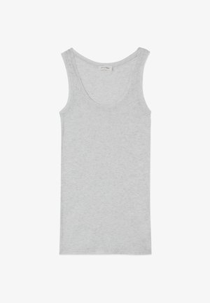 Canottiera grigia realizzata in tessuto morbido e leggero. Presenta una scollatura a barca e non ha maniche. Design semplice e senza cuciture con una delicata texture.