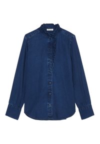 Donkerblauwe denim shirt met een ruches kraag, lange mouwen, knoopsluiting en een afgeronde zoom. Soepele textuur met een subtiele glans.