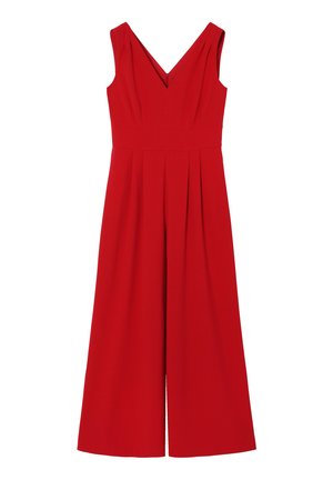 Punane kombinesoon V-kaelusega ja avara jala disainiga, millel on volangid vöökoht. Valmistatud siledast kangast, ilma nähtavate mustrite või aktsendita.