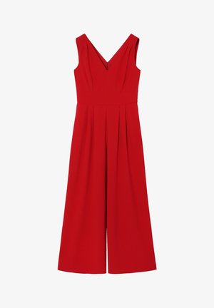 Rød jumpsuit med V-hals og bred ben-design, der har læg ved taljen. Fremstillet af glat stof, ingen synlige mønstre eller accenter.