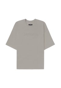 Gray oversized T-shirt made of cotton, featuring a crew neck and embroidered text "LAMANIA" in a subtle tone.