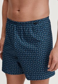 Costumi da bagno blu con motivo geometrico, caratterizzati da un design a fantasia, una vita elastica e una superficie in tessuto liscia. Etichetta del marchio visibile sulla vita.