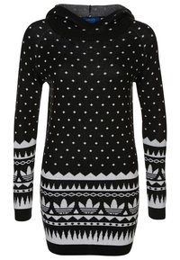 Zwart-witte gebreide hoodie met lange mouwen, voorzien van diamant- en driehoekige patronen, en een gestructureerd, ontspannen pasontwerp.