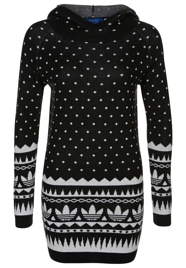 Zwart-witte gebreide hoodie met lange mouwen, voorzien van diamant- en driehoekige patronen, en een gestructureerd, ontspannen pasontwerp.