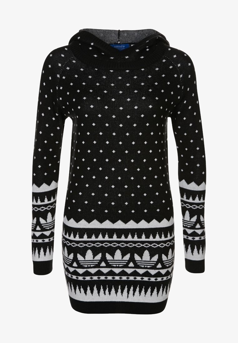 Zwart-witte gebreide hoodie met lange mouwen, voorzien van diamant- en driehoekige patronen, en een gestructureerd, ontspannen pasontwerp.