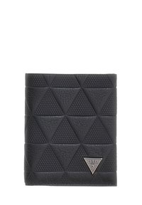 Portefeuille en cuir noir présentant un motif triangulaire texturé et un accent logo triangulaire en métal. Design compact avec un look raffiné.
