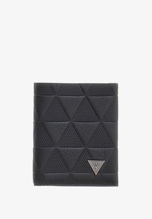 Czarny skórzany portfel z fakturowanym, trójkątnym wzorem oraz metalowym, trójkątnym logo. Kompaktowy design o wyrafinowanym wyglądzie.