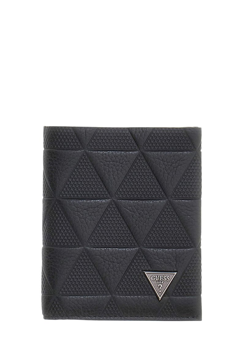 Portefeuille en cuir noir présentant un motif triangulaire texturé et un accent logo triangulaire en métal. Design compact avec un look raffiné.