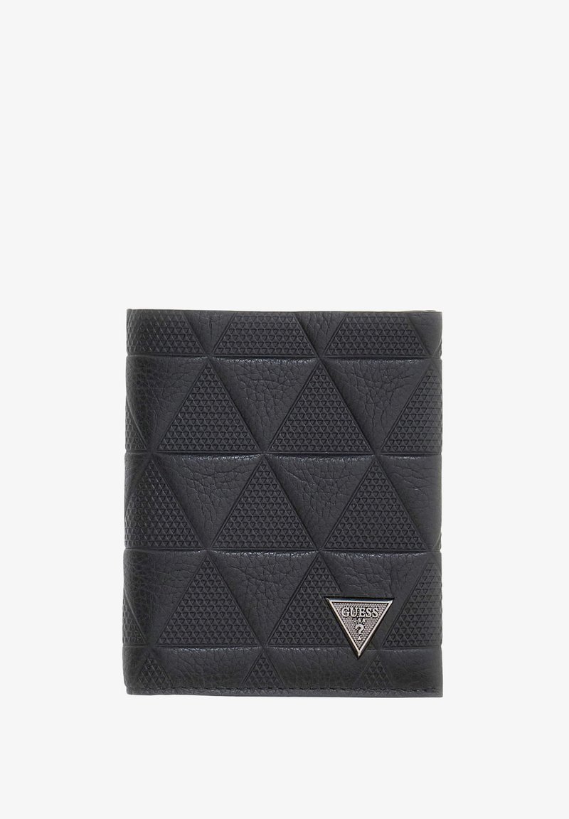 Portefeuille en cuir noir présentant un motif triangulaire texturé et un accent logo triangulaire en métal. Design compact avec un look raffiné.