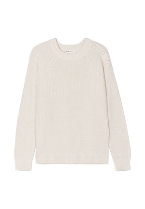 Maglione lavorato a maglia color crema con maniche raglan, scollo rotondo e tre bottoni decorativi sulla spalla sinistra. Polsini e orlo a coste.