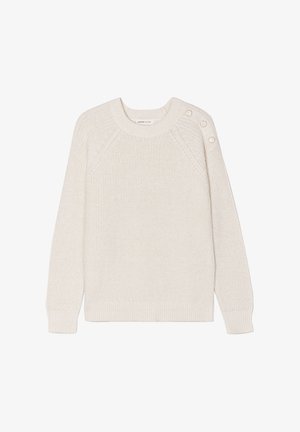 Maglione lavorato a maglia color crema con maniche raglan, scollo rotondo e tre bottoni decorativi sulla spalla sinistra. Polsini e orlo a coste.