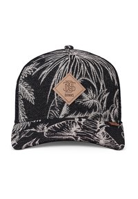 Black cap featuring white tropical leaf pattern, a leather diamond patch with logo, and a classic curved brim. Textured fabric for grip.