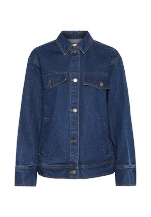 Dark blue denim jacket with a collar, front button closure, two chest pockets, and contrasting stitching. Long sleeves with buttoned cuffs.