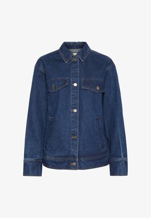 Giacca di jeans blu scuro con collo, chiusura frontale a bottoni, due tasche sul petto e cuciture a contrasto. Maniche lunghe con polsini abbottonati.