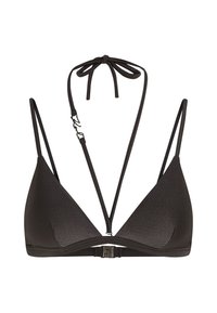 Fekete háromszög bikini felső texturált anyagból, vékony állítható pántokkal és hátul záródó kapoccsal. Minimalista dizájn, párnázás nélkül.