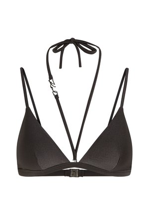 Top bikini nero a triangolo con tessuto testurizzato, spalline sottili e regolabili, e chiusura a gancio sul retro. Design minimalista, senza imbottitura.