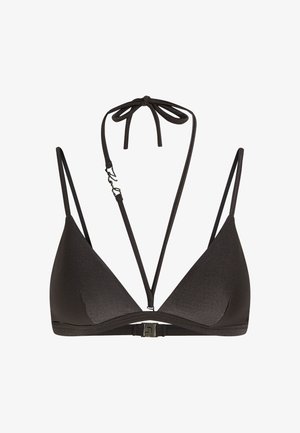 Melnās trīsstūra bikini augšdaļas ar teksturētu audumu, plānām regulējamām siksniņām un aizdari aizmugurē. Minimālisma dizains, bez polsterējuma.