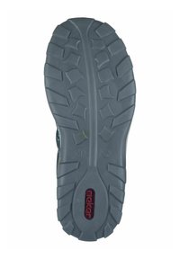 Semelle de chaussure en caoutchouc gris avec des profondeurs de crantage pour l'adhérence, arborant le logo Rieker en rouge. Le design comprend plusieurs motifs géométriques.