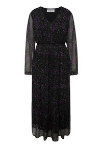 Robe midi noire à manches longues avec motif floral violet et taches blanches, encolure en V et taille cintrée avec manches en tissu transparent.
