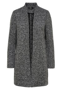 Kvinnors lång grå texturerad öppen cardigan med långa ärmar och en sjalkrage från märket ONLY, storlek medium.