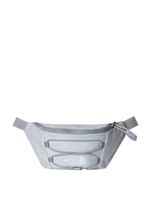 Sac banane en tissu gris clair avec deux poches avant zippées, bretelles réglables et logo "The North Face" brodé sur la poche inférieure.