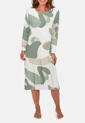 Long-sleeve nightgown in soft fabric, featuring a white base with abstract green and beige shapes, round neckline, and ankle-length design.
