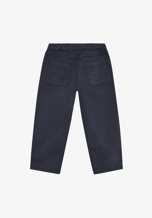 Dark navy elastic waistband pants with two back patch pockets, straight leg cut, laid flat on a white background.
