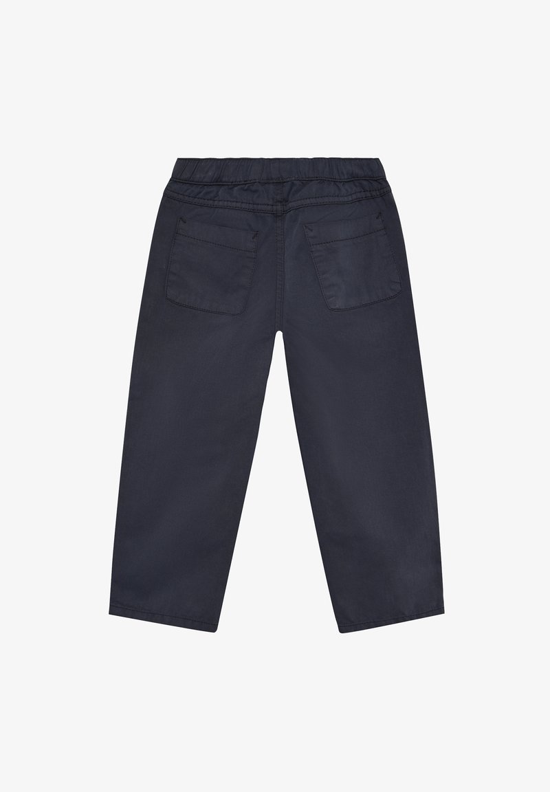 Pantalon bleu marine foncé avec ceinture élastique, deux poches plaquées à l'arrière, coupe droite, posé à plat sur un fond blanc.