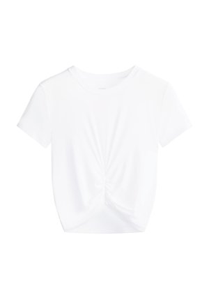 T-shirt blanc à manches courtes avec un détail de nœud froncé au centre devant, fabriqué en tissu lisse, présentant un col rond et un design court.