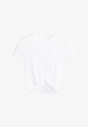 T-shirt blanc à manches courtes avec un détail de nœud froncé au centre devant, fabriqué en tissu lisse, présentant un col rond et un design court.