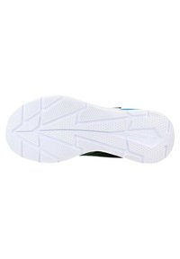 Sport schoen zool met een witte rubberen oppervlakte en een gestructureerd grippatroon, en een contrasterende donkergroene bovenkant met blauwe accenten.