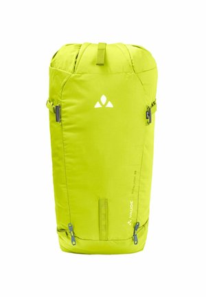Zaino verde lime con chiusura superiore, spallacci regolabili, due tasche laterali e logo stampato. Realizzato in tessuto leggero, design arrotondato.