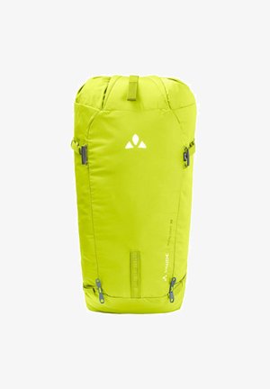 Zaino verde lime con chiusura superiore, spallacci regolabili, due tasche laterali e logo stampato. Realizzato in tessuto leggero, design arrotondato.