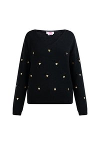 Pulover negru cu decolteu în V adânc, decorat cu modele de inimi aurii împrăștiate, mâneci lungi și tiv ribbat. Textură moale, material tricotat.