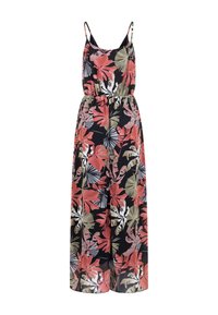 Combinaison noire sans manches avec jambes larges, imprimé feuilles et fleurs tropicales roses, beiges et bleues, avec fines bretelles réglables.