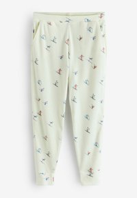 Pyjamahose in blassem Gelb, strukturierter Stoff mit Ski-Motiven in Blau, Rot und Schwarz. Verfügt über Seitentaschen und einen elastischen Bund.