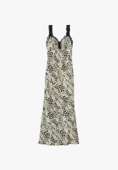 Vestido con estampado de leopardo en beige y negro, con corpiño ajustado, detalles de encaje en las tiras y dobladillo acampanado. Textura suave en todo el vestido.