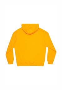 Žiarivo žltá mikina s kapucňou vyrobená z mäkkého materiálu, so klokankovým vreckom, rebrovanými manžetami a kapucňou so šnúrkami. Hladká textúra a jednofarebný vzor.