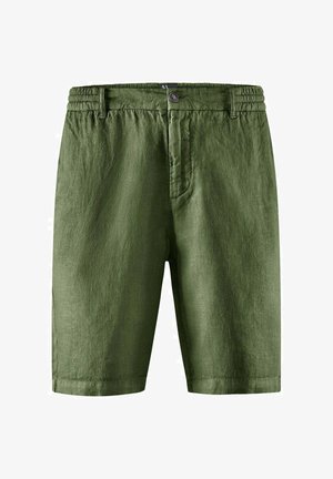 Męskie oliwkowo-zielone lniane szorty z elastyczną talią, zapięciem na guzik i szlufkami na pasek, pokazane z przodu na białym tle.